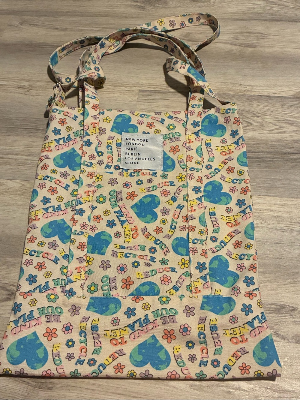 Canvas Tote Bag with Blue Heart Print